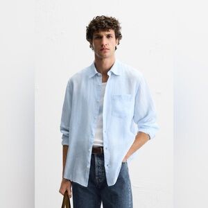 NWT Zara 100% Linen Blue Men Shirt Large